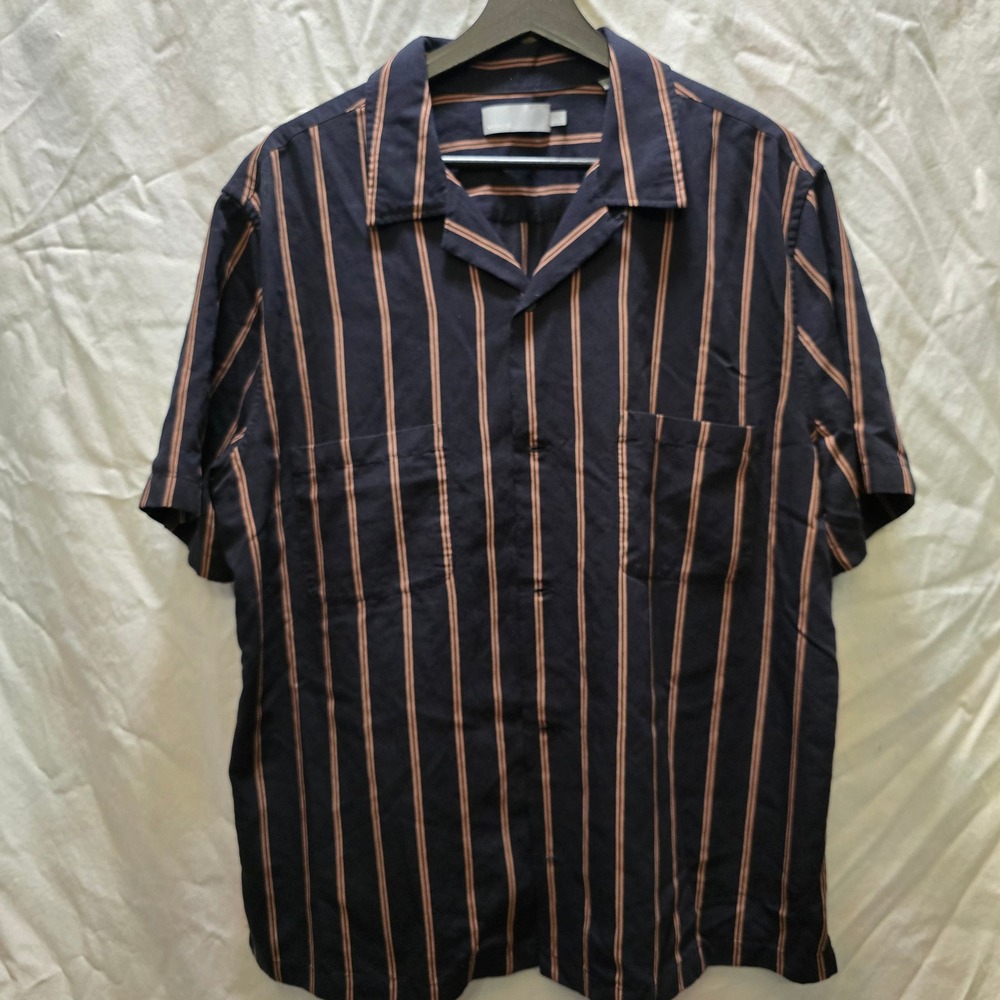 Vince Mens Short Sleeve‎ Camp Collar Striped Button Up Shirt Large Navy Orange
